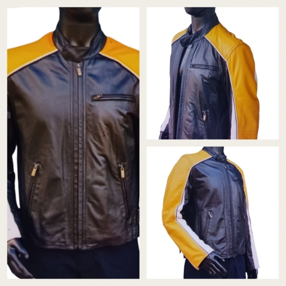 Wilsons Leather Black Leather Bomber with Yellow Sleeves